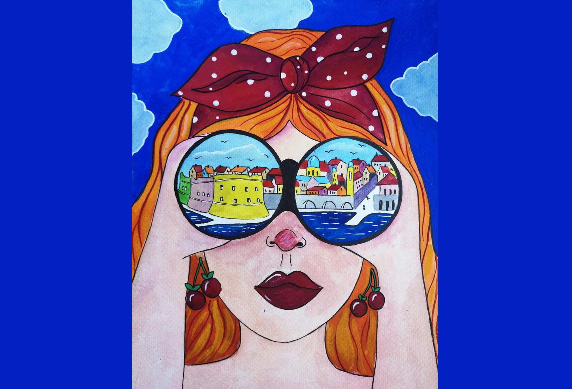 Event management – DU2Remember DMC and PCO brand identity – a red haired girl looking at Dubrovnik Old town with binoculars