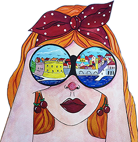 DU2Remember DMC and PCO brand identity – a red haired girl looking at Dubrovnik Old town with binoculars